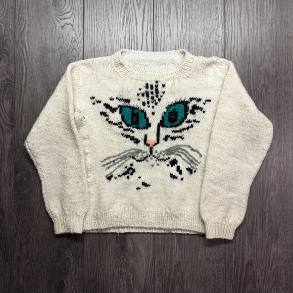American Vintage Tops - Vintage Cat 1990s Hand Knit Sweater Small White Cute Animal Nature Crochet Baggy